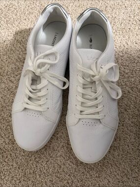 Worn Once Lacoste White Leather Low-Top Sneakers with Silver Heel Accent